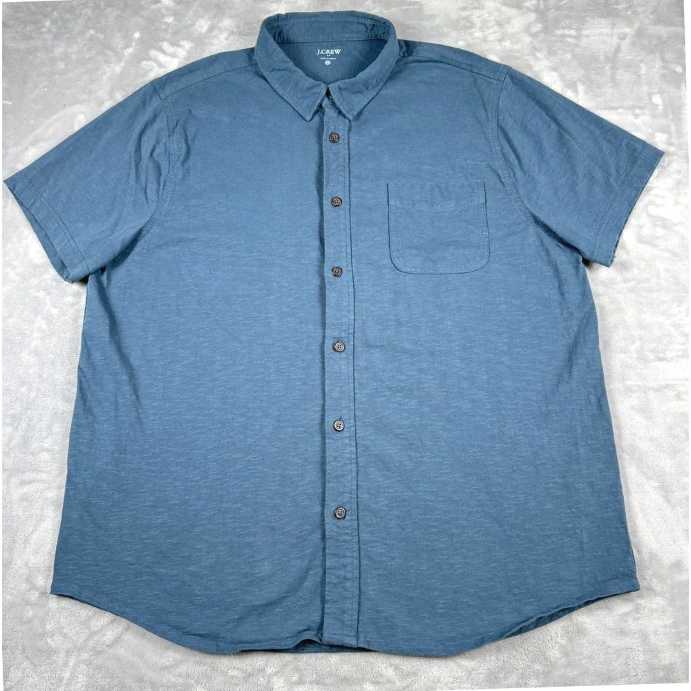 J. Crew BG870‎ Slub Cotton Button Down Shirt Mens XXL Blue Short Sleeve Knit